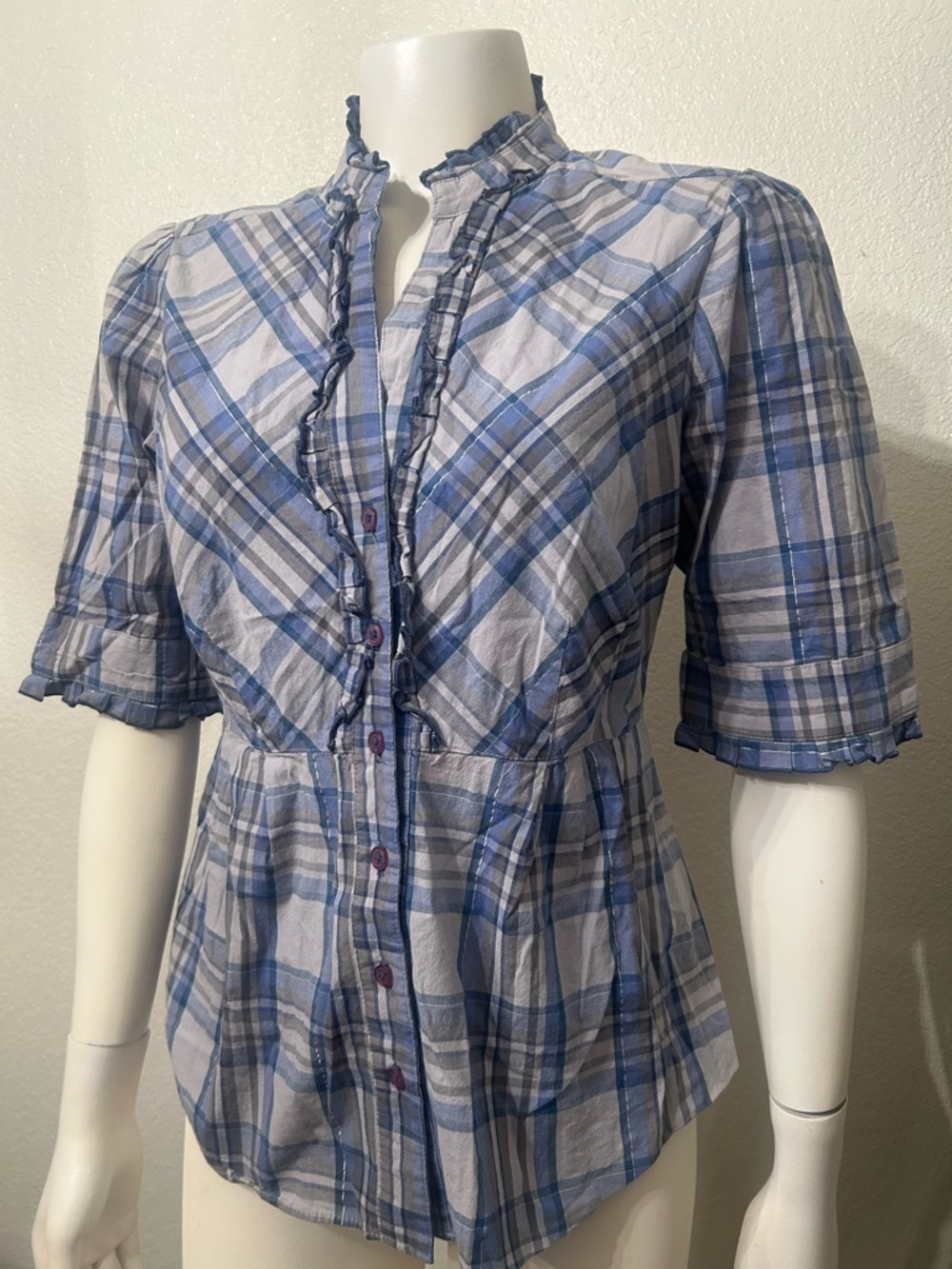 Anthropologie Odille Plaid Ruffle Top Cotton Button Front